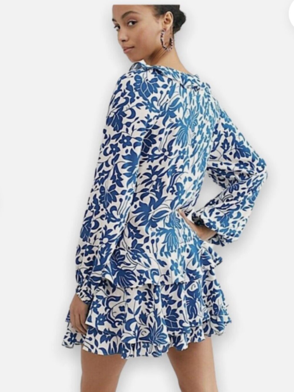 Free People Rebecca Ruffle Mini Dress, Blue and White Floral, XS